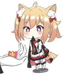 Rule 34 | 1girl, ahoge, animal ear fluff, animal ears, arknights, artist name, black cape, black gloves, black shirt, boots, bow, brown hair, candy, candy wrapper, cape, closed mouth, cross-laced footwear, finger to mouth, food, gloves, hair bow, holding, holding food, kurotofu, lace-up boots, layered skirt, long sleeves, out of frame, pantyhose, pleated skirt, red bow, red neckwear, red skirt, shadow, shirt, sidelocks, skirt, solo focus, sora (arknights), standing, tail, twintails, white background, white footwear, white gloves, white pantyhose, white skirt, wide sleeves, wrapped candy