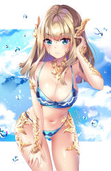 Rule 34 | 1girl, arm up, artist name, au ra, bare arms, bare shoulders, bikini, blue bikini, blue eyes, blue sky, blunt bangs, blush, breasts, cleavage, cloud, cloudy sky, commentary, day, final fantasy, final fantasy xiv, front-tie bikini top, front-tie top, gluteal fold, hand on leg, hand on own thigh, highres, large breasts, leaning forward, light brown hair, long hair, looking at viewer, navel, parted lips, scales, sky, solo, squchan, swimsuit, water drop, watermark, web address