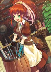 Rule 34 | 1girl, axe, bag, barrel, bell, breasts, brown dress, candy, chair, counter, dress, female focus, fingerless gloves, food, gloves, green eyes, hair ribbon, highres, indoors, jar, kanini, knife, open mouth, original, plant, ponytail, red hair, ribbon, shield, shop, smile, solo, sword, tools, weapon, weapon shop