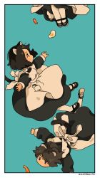 Rule 34 | akai sashimi, animal ears, apron, black dress, black footwear, black hair, blue background, cat ears, cat tail, dress, falling, frog, maid, maid apron, original, short hair, tail
