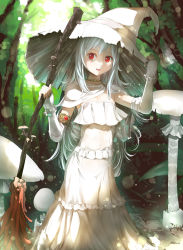 Rule 34 | 1girl, absurdres, adjusting clothes, adjusting headwear, amanita virosa, blush, collarbone, culter, detached sleeves, fingerless gloves, gloves, hat, highres, long hair, long sleeves, looking at viewer, mushroom, open mouth, original, personification, red eyes, smile, teeth, white gloves, white hair, white hat, witch hat