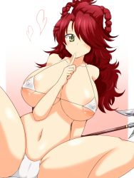 Rule 34 | 1girl, areola slip, bikini, blush, braid, breasts, cameltoe, cleavage, covered erect nipples, erza knightwalker, fairy tail, female focus, gradient background, hair over one eye, huge breasts, micro bikini, navel, red hair, smile, solo, spread legs, swimsuit, wavy hair, weapon, wedge (tyrl stride), white background, yellow eyes