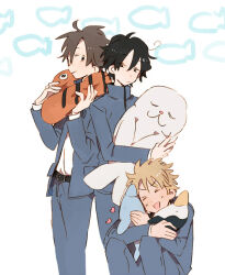 Rule 34 | 3boys, ahoge, belt, belt buckle, black belt, black hair, blue jacket, blue sleeves, brown hair, buckle, closed eyes, closed mouth, collared jacket, crossed arms, feet out of frame, fingernails, fish background, frown, h kawa, heart, high collar, holding, holding stuffed toy, hugging object, jacket, knees up, layered sleeves, light blush, long sleeves, looking at another, looking at viewer, male focus, multiple boys, open clothes, open jacket, open mouth, original, school uniform, shirt, short hair, simple background, sitting, smile, stuffed animal, stuffed dolphin, stuffed fish, stuffed penguin, stuffed seal, stuffed toy, v-shaped eyebrows, white background, white shirt