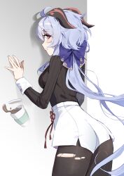 Rule 34 | 1girl, absurdres, against wall, ahoge, alternate costume, black pantyhose, black sweater, blue hair, bow, breasts, cup, disposable cup, from behind, ganyu (genshin impact), genshin impact, highres, horns, long hair, looking at viewer, looking back, low ponytail, medium breasts, pantyhose, purple eyes, red rope, rope, seizou hidzuke, shorts, sidelocks, solo, sweatdrop, sweater, tassel, torn clothes, torn pantyhose, white shorts