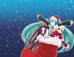 Rule 34 | 3girls, :d, ^ ^, aqua hair, blonde hair, blue eyes, boots, brown hair, christmas, closed eyes, fumii, fummy, fur trim, hatsune miku, long hair, looking at viewer, multiple girls, open mouth, outstretched arms, oversized object, santa boots, santa costume, short hair, sky, smile, star (sky), starry sky, very long hair, vocaloid