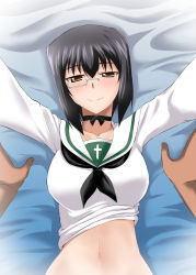 Rule 34 | 10s, 1girl, bed sheet, black hair, blush, breasts, brown eyes, choker, clothes lift, collarbone, girls und panzer, implied sex, kawashima momo, large breasts, long sleeves, looking at viewer, lying, monocle, navel, on back, ooarai school uniform, outstretched arms, pov, pov hands, reaching, reaching towards viewer, ribbon, school uniform, shirt lift, short hair, sidelocks, smile, solo focus, zerosu (take out)