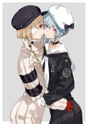 Rule 34 | 2girls, blonde hair, blue hair, border, casual, choker, closed mouth, cowboy shot, eyepatch, gloves, grey background, hat, heavily armed high school girls, heterochromia, hug, jewelry, looking at viewer, multiple girls, necklace, neco, original, outside border, profile, red eyes, ribbed sweater, san (heavily armed high school girls), short hair, simple background, standing, sweater, turtleneck, turtleneck sweater