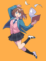 1girl :o absurdres ankle_socks anzu_(ensemble_stars!) arm_up black_socks blazer blue_eyes blue_jacket blue_necktie bob_cut breasts brown_hair buttons cardigan clenched_hand clipboard collared_shirt dynamic_pose ensemble_stars! falling_paper full_body hand_up highres holding holding_clipboard jacket knee_up layered_clothes layered_sleeves long_sleeves looking_ahead looking_at_viewer medium_hair necktie niyororinpayamaru open_clothes open_jacket open_mouth orange_background paper pink_cardigan plaid_clothes plaid_skirt pleated_skirt school_uniform shirt shoes short_eyebrows simple_background skirt small_breasts socks solo split_mouth uwabaki v-shaped_eyebrows white_shoes wing_collar yumenosaki_school_uniform