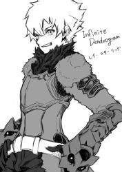 Rule 34 | 1boy, armor, belt, breastplate, copyright name, english text, fur trim, gloves, greyscale, hair between eyes, highres, infinite dendrogram, male focus, monochrome, pauldrons, ray starling, shoulder armor, simple background, sketch, smile, solo, teeth, tsukuha (chakai514), vambraces, white background