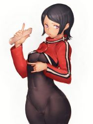 Rule 34 | &gt;:o, 10s, 1girl, :o, \m/, adapted costume, black hair, bodysuit, breasts, cameltoe, covered navel, cowboy shot, cropped jacket, from side, fumio (rsqkr), groin, hip focus, holding, index finger raised, jacket, kitora ai, long sleeves, looking at viewer, open mouth, purple eyes, short hair, simple background, single vertical stripe, sketch, skin tight, small breasts, solo, swept bangs, taut clothes, thighs, track jacket, uniform, unitard, v-shaped eyebrows, white background, wide hips, world trigger