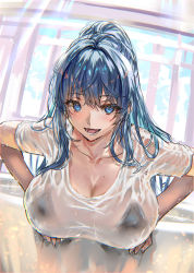 Rule 34 | 1girl, bent over, bikini, black bikini, blue eyes, blue hair, breasts, cleavage, collarbone, highres, large breasts, long hair, looking at viewer, original, parted lips, ponytail, ran&#039;ou (tamago no kimi), shirt, short sleeves, smile, solo, swimsuit, water, wet, wet clothes, wet shirt, white shirt