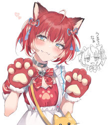 Rule 34 | 1girl, ahoge, akami karubi, animal bag, animal hands, bag, blue ribbon, bow, cat hair ornament, chibi, chibi inset, commentary request, fur-trimmed gloves, fur trim, gloves, hair between eyes, hair ornament, hair ribbon, hands up, heart, heart hair ornament, highres, indie virtual youtuber, kayanogura, looking at viewer, paw gloves, red bow, red gloves, red hair, red shirt, ribbon, shirt, shoulder bag, simple background, skirt, suspender skirt, suspenders, translation request, twintails, virtual youtuber, white background, white skirt