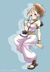 Rule 34 | 1girl, bare shoulders, blue eyes, breasts, brown hair, chrono trigger, closed mouth, dated, dress, highres, invisible chair, jewelry, long hair, looking at viewer, marle (chrono trigger), medium breasts, necklace, ponytail, simple background, sitting, smile, solo