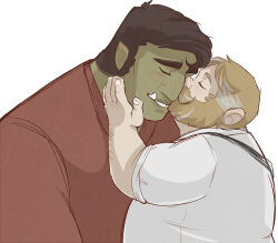 Rule 34 | 2boys, bara, beard, brown hair, closed eyes, colored skin, couple, dwarf, facial hair, from side, full beard, green skin, interspecies, kiss, kissing cheek, long sideburns, male focus, mature male, monster boy, multicolored hair, multiple boys, muscular, muscular male, orc, original, pointy ears, profile, sideburns, size difference, streaked beard, streaked hair, thick beard, thick eyebrows, thick mustache, tuckerd art, tusks, yaoi