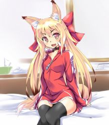 Rule 34 | 1girl, :d, animal collar, animal ears, bed, blonde hair, bow, collar, collarbone, contemporary, fang, fox ears, fox tail, hair bow, long hair, long sleeves, looking at viewer, multicolored hair, on bed, open mouth, original, shika, sitting, sleeves past wrists, smile, solo, sweater, tail, thighhighs, two-tone hair, wide hips, yellow eyes, zettai ryouiki