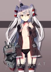 Rule 34 | 1girl, amatsukaze (kancolle), arm behind back, black choker, black panties, blouse, blush, breasts, buttons, chamnaitu, choker, collarbone, commentary, english commentary, english text, garter straps, grey background, hair between eyes, hair tubes, hat, highres, kantai collection, long hair, long sleeves, looking at viewer, machinery, mini hat, navel, no bra, open clothes, open mouth, open shirt, panties, rensouhou-kun, sailor collar, see-through, shirt, side-tie panties, silver hair, small breasts, smoke, solo, standing, striped clothes, striped thighhighs, sweatdrop, thighhighs, two-tone background, two side up, underwear, very long hair, yellow eyes