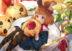 Rule 34 | 1girl, animal ears, black pantyhose, blue shorts, blurry, bow, brown eyes, brown hair, chocolate chip cookie, cookie, cup, depth of field, eating, floral print, food, food on face, frills, holding, holding food, in container, in cup, in food, lying, medium hair, mini person, minigirl, mouse ears, nido celisius, original, pantyhose, pantyhose under shorts, plant, print pantyhose, puffy sleeves, red bow, sailor collar, shorts, solo, sugar cube, teacup, thumbprint cookie, topknot