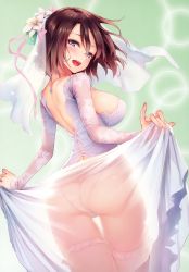 Rule 34 | 1girl, absurdres, ass, back, breasts, bridal veil, brown hair, comic kairakuten, dress, fingernails, floating hair, flower, from behind, green flower, green rose, hair between eyes, hair flower, hair ornament, hair ribbon, highres, jewelry, large breasts, long sleeves, looking at viewer, looking back, michiking, necklace, non-web source, open mouth, panties, red ribbon, ribbon, ring, rose, scan, see-through, sideboob, simple background, skindentation, smile, solo, thigh gap, thighhighs, underwear, veil, wedding band, wedding dress, white flower, white panties, white thighhighs