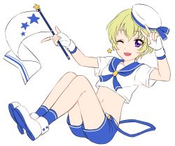 Rule 34 | 1girl, :d, aikatsu!, aikatsu! (series), blonde hair, blue sailor collar, blue shorts, blue socks, cropped shirt, fang, fingerless gloves, flag, gloves, hand up, hat, hattori yu, highres, holding, holding flag, looking at viewer, navel, one eye closed, open mouth, purple eyes, sailor collar, sekina, shirt, shoes, short sleeves, shorts, simple background, smile, socks, solo, v, w, white background, white footwear, white gloves, white hat, white shirt