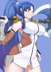 Rule 34 | 1girl, absurdres, artist request, axe, battle axe, blue hair, breasts, dress, highres, hime cut, holding, holding weapon, large breasts, long hair, red eyes, short dress, solo, standing, taimanin (series), taimanin asagi, taimanin murasaki, taimanin rpgx, very long hair, weapon, wide hips, yatsu murasaki