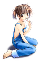 Rule 34 | 1girl, barefoot, between legs, brown eyes, brown hair, feet, female focus, food, hair ribbon, hand between legs, looking at viewer, naked overalls, norizou type-r, orange ribbon, overalls, popsicle, ribbon, short twintails, sitting, solo, toes, twintails, wariza
