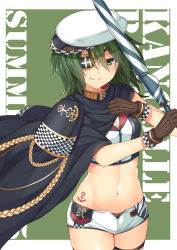 Rule 34 | 1girl, absurdres, adapted costume, anchor print, anchor symbol, blush, breasts, brown gloves, cape, cleavage, closed mouth, eyepatch, gloves, green background, green eyes, green hair, hat, highres, holding, horosuke, kantai collection, kiso (kancolle), kiso kai ni (kancolle), looking at viewer, medium breasts, midriff, navel, race queen, shiny skin, short hair, shorts, simple background, smile, solo, tattoo, thighhighs, umbrella, zipper, zipper pull tab