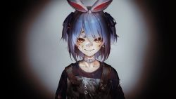 Rule 34 | 1girl, absurdres, bandaid, bandaid on cheek, bandaid on face, bandaid on nose, blue hair, blue ribbon, blue shirt, choker, closed mouth, earrings, hair between eyes, hair ribbon, highres, hololive, hyde (tabakko), jewelry, looking at viewer, rabbit earrings, red eyes, ribbon, shirt, short hair, simple background, solo, thick eyebrows, two side up, usada pekora, virtual youtuber, white choker