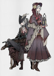 Rule 34 | 2girls, ascot, blonde hair, bloodborne, blue eyes, bonnet, boots, cape, cloak, coat, doll, doll joints, dress, flower, gem, gloves, hat, hat feather, herheim, highres, jewelry, joints, lady maria of the astral clocktower, long hair, multiple girls, plain doll, ponytail, rose, simple background, swept bangs, the old hunters, tricorne, weapon, white hair