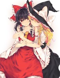 Rule 34 | 2girls, apron, ascot, black bow, black dress, blonde hair, blurry, blush, bow, braid, closed eyes, closed mouth, depth of field, detached sleeves, dress, frills, hair between eyes, hair bow, hair tubes, hakurei reimu, hat, hat bow, hat ribbon, hug, kirisame marisa, long hair, looking at another, looking to the side, melocoton, multiple girls, puffy short sleeves, puffy sleeves, red bow, red eyes, red ribbon, red skirt, ribbon, ribbon-trimmed sleeves, ribbon trim, sash, short sleeves, side braid, simple background, single braid, skirt, skirt set, smile, touhou, waist apron, white apron, white background, white bow, white ribbon, wide sleeves, witch hat, yuri
