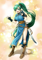 Rule 34 | 1girl, ;d, aqua eyes, black gloves, blush, boots, breasts, brown footwear, chinese clothes, chocolate, dress, earrings, fingerless gloves, fire emblem, fire emblem: the blazing blade, fire emblem heroes, full body, gift, gift bag, gloves, green hair, happy, high ponytail, highres, holding, holding gift, jewelry, katana, large breasts, long dress, long hair, looking at viewer, lyn (fire emblem), nintendo, one eye closed, open mouth, ponytail, sash, shadow, short sleeves, side slit, smile, solo, sword, very long hair, weapon, wink, yuino (fancy party)