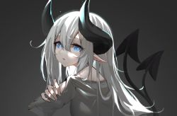 Rule 34 | 1girl, bad id, bad pixiv id, bare shoulders, black background, blue eyes, commentary, demon tail, grey sweater, hair between eyes, highres, horns, huizhiyin, long hair, long sleeves, looking at viewer, multiple tails, off-shoulder sweater, off shoulder, original, parted lips, pointy ears, silver hair, simple background, solo, sweater, tail, two tails, upper body