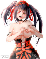 Rule 34 | 1girl, bare shoulders, black hair, blush, breasts, choker, clock eyes, collarbone, covering privates, covering breasts, date a live, gothic lolita, hairband, heart, heart-shaped boob challenge, heart hands, heterochromia, large areolae, large breasts, lolita fashion, lolita hairband, looking at viewer, navel, oniilus, red eyes, ribbon, simple background, solo, standing, strap slip, symbol-shaped pupils, tokisaki kurumi, twintails, white background, yellow eyes