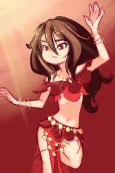 Rule 34 | 1girl, bracelet, brown eyes, brown hair, collarbone, dancer, drantyno, highres, jewelry, long hair, looking down, midriff, navel, necklace, octopath traveler, octopath traveler i, pelvic curtain, primrose azelhart, red background, red shirt, shirt, sparkle, standing, standing on one leg, teeth