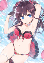 Rule 34 | 1girl, ahoge, arm up, armpits, bare shoulders, bikini, black gloves, blue eyes, blush, bow, breasts, bridal garter, brown hair, cleavage, closed mouth, collarbone, gloves, hair bow, highres, homura subaru, ichinose shiki, idolmaster, idolmaster cinderella girls, large breasts, long hair, looking at viewer, navel, red bikini, red bow, revision, smile, solo, swimsuit, two side up, water, wavy hair