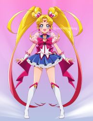 Rule 34 | 1girl, abraham perez, absurdres, artist name, bishoujo senshi sailor moon, blonde hair, brooch, commentary, english commentary, gradient hair, hair bun, heart, heart brooch, heart hair bun, highres, jewelry, long hair, looking at viewer, magical girl, multicolored hair, open hands, open mouth, parody, precure, red hair, sailor moon, smile, solo, style parody, twintails, very long hair, watermark