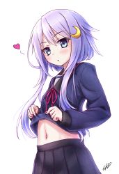 Rule 34 | 10s, 1girl, blue eyes, blush, clothes lift, crescent, crescent hair ornament, gotou hisashi, hair ornament, heart, highres, kantai collection, looking at viewer, midriff, navel, personification, purple hair, ribbon, school uniform, shirt lift, short hair with long locks, signature, simple background, skirt, solo, white background, yayoi (kancolle)