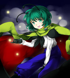 Rule 34 | 1girl, adapted costume, antennae, arm up, bug, cape, female focus, firefly, gloves, green eyes, green hair, grey background, bug, long sleeves, looking at viewer, matching hair/eyes, ninamo, open mouth, pants, scarf, short hair, sitting, solo, touhou, wriggle nightbug