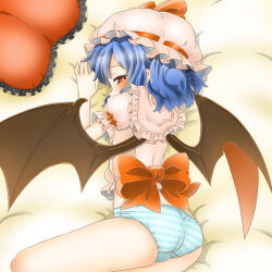 Rule 34 | 1girl, ass, bat wings, bed sheet, colored eyelashes, from behind, highres, light purple hair, looking at viewer, lying, no pants, on side, panties, pink shirt, puffy short sleeves, puffy sleeves, red eyes, remilia scarlet, shirt, short hair, short sleeves, slit pupils, solo, striped clothes, striped panties, touhou, umo, underwear, wavy hair, wings