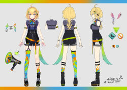 1girl :3 absurdres ahoge armlet arms_at_sides asymmetrical_legwear belt black_footwear black_garter_straps black_ribbon black_shorts black_socks blonde_hair bow bowtie braid breasts character_name character_sheet chest_harness closed_mouth commentary_request covered_groin cross-laced_footwear crown_braid double-parted_bangs earclip earrings fang fang_out feather_earrings feathers fingernails floating_earring frilled_shirt frills from_behind from_side full_body garter_straps green_eyes grey_background hair_between_eyes hair_bun hair_intakes hair_ornament hair_ribbon hairclip harness high-waist_shorts highres jewelry kozuya_nano letterboxed lightning_bolt lightning_bolt_hair_ornament lightning_bolt_symbol long_hair looking_at_viewer loose_socks medium_breasts megaphone multicolored_background multicolored_bow multicolored_bowtie multicolored_eyes multicolored_thighhighs multiple_views nail_polish no_entry_sign o-ring o-ring_legwear official_art orange_belt orange_nails platform_footwear profile purple_eyes purple_shirt ribbon ring road_sign saine second-party_source shin_strap shirt shirt_tucked_in shoes short_shorts shorts sidelocks sign simple_background single_garter_strap single_side_bun single_sock single_thighhigh sleeveless sleeveless_shirt smile socks sparkling_aura specialite_(company) standing stop_sign straight-on stud_earrings thick_eyelashes thighhighs triangle_hair_ornament uneven_legwear virtual_youtuber wristband