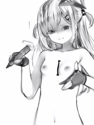 Rule 34 | ..., 1girl, absurdres, amane kanata, amane kanata (work), breast conscious, breasts, gloves, hair ornament, hairclip, halo, highres, holding, holding marker, hololive, marker, nanashi (nlo), navel, nipples, nude, partially fingerless gloves, pout, shaded face, small breasts, solo, star halo, two side up, upper body, virtual youtuber