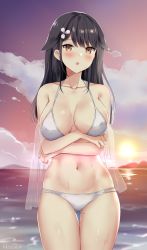Rule 34 | 1girl, artist name, azur lane, bare shoulders, bikini, black hair, blush, breast hold, breasts, brown hair, chestnut mouth, choukai (azur lane), cleavage, cloud, collarbone, crossed arms, flower, gluteal fold, hair flower, hair ornament, highres, hip focus, horizon, kaetzchen, large breasts, long hair, looking at viewer, mole, mole on thigh, multi-strapped bikini, navel, ocean, open mouth, parted lips, solo, sunset, swept bangs, swimsuit, thighs, wet, white bikini