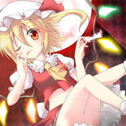 Rule 34 | 1girl, apple, apple core, ascot, bell (artist), bell (oppore coppore), blonde hair, female focus, flandre scarlet, food, fruit, hat, moon, navel, one eye closed, red eyes, red moon, short hair, side ponytail, skirt, solo, tongue, tongue out, touhou, wings, wink
