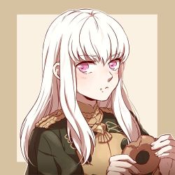 Rule 34 | 1girl, closed mouth, doughnut, epaulettes, fire emblem, fire emblem: three houses, food, food on face, garreg mach monastery uniform, holding, holding food, long hair, lowres, lysithea von ordelia, nintendo, pink eyes, simple background, solo, tomi (sooon103), uniform, upper body, white hair
