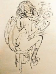 Rule 34 | 1girl, ass, back, book, demon girl, demon tail, female focus, from behind, glasses, looking back, monochrome, murayama kei, nude, original, short hair, sitting, slippers, solo, stool, tail, traditional media, wings