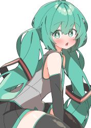 Rule 34 | 1girl, :o, absurdres, ahoge, aqua eyes, aqua hair, aqua necktie, arm support, bare shoulders, black skirt, black sleeves, blush, detached sleeves, hatsune miku, highres, leaning forward, long hair, looking at viewer, necktie, no nose, shiny skin, sitting, skindentation, skirt, solo, thick thighs, thighhighs, thighs, twintails, uruti 2388, very long hair, vocaloid