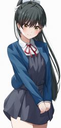 Rule 34 | 1girl, absurdres, aftamc, black hair, blue jacket, blush, bow, collared shirt, commentary, dress, grey dress, hair bow, hazuki ren, high ponytail, highres, jacket, long hair, long sleeves, looking at viewer, love live!, love live! superstar!!, neck ribbon, own hands together, ponytail, red ribbon, ribbon, school uniform, shirt, simple background, smile, solo, white background, white bow, yellow eyes, yuigaoka school uniform