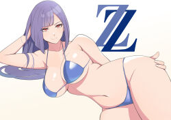 1girl bikini breasts cleavage commentary gundam gundam_zz highres konishiki_(52siki) large_breasts long_hair looking_at_viewer navel purple_eyes purple_hair red_eyes roux_louka smile solo swimsuit white_background