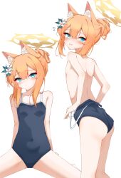 absurdres animal_ears blue_archive blue_eyes blush breasts cat_ears cat_girl flower hair_ornament highres kabocya_na long_hair looking_at_viewer mari_(blue_archive) orange_hair school_swimsuit small_breasts swimsuit white_background