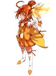 Rule 34 | 1girl, absurdres, boots, brown hair, choker, collarbone, cure sunny, detached sleeves, ebura din, fire, full body, highres, index finger raised, jacket, long sleeves, miniskirt, one side up, orange choker, orange eyes, orange jacket, orange neckwear, orange ribbon, parted lips, pleated skirt, precure, ribbon, short hair, simple background, skirt, sleeveless, sleeveless jacket, smile precure!, solo, standing, thigh boots, thighhighs, v-shaped eyebrows, white background, white footwear, white sleeves, yellow skirt, zettai ryouiki