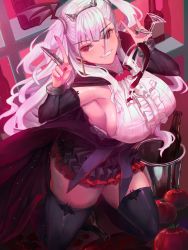 Rule 34 | 1girl, alcohol, breasts, cape, cross, cross earrings, cup, draculina (last origin), drinking glass, earrings, fake horns, grin, highres, horns, jewelry, large breasts, last origin, looking to the side, mochigana, red eyes, ribbed shirt, shirt, sideboob, silver hair, smile, solo, thighhighs, two-tone cape, two side up, v, vampire, wine, wine glass, wing hair ornament
